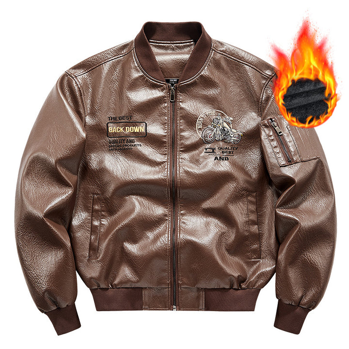 Men's Biker Leather Look Bomber Jacket with Embroidery Patches and Arm Pocket Mune Fashion
