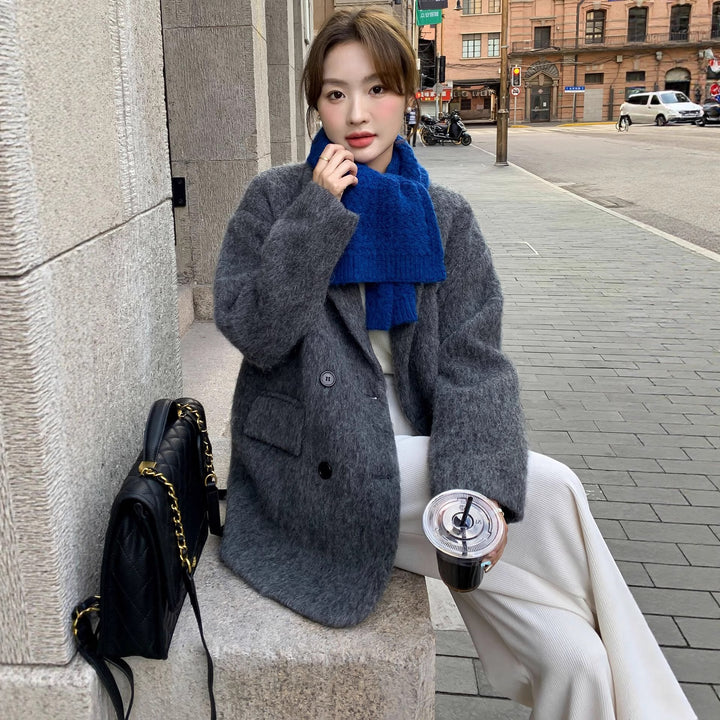 Women Chunky Knit Wool Blend Long Coat with Oversized Silhouette and Double-Breasted Button Placket Mune Fashion