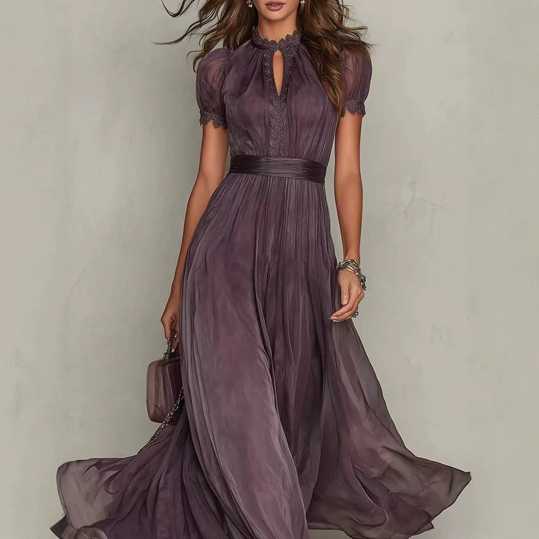 Women's Long Chiffon Evening Dress with Lace Stand Collar, Keyhole Opening and Tailored Sash Mune Fashion