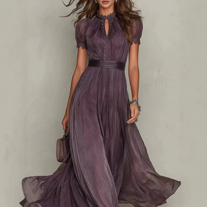 Women's Long Chiffon Evening Dress with Lace Stand Collar, Keyhole Opening and Tailored Sash Mune Fashion