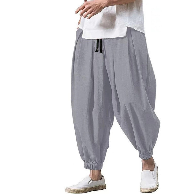 Men's loose harem pants with drawstring, elastic cuffs, and light cotton-linen blend Mune Fashion