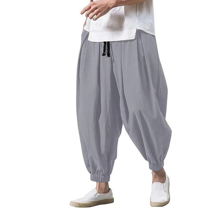 Men's loose harem pants with drawstring, elastic cuffs, and light cotton-linen blend Mune Fashion