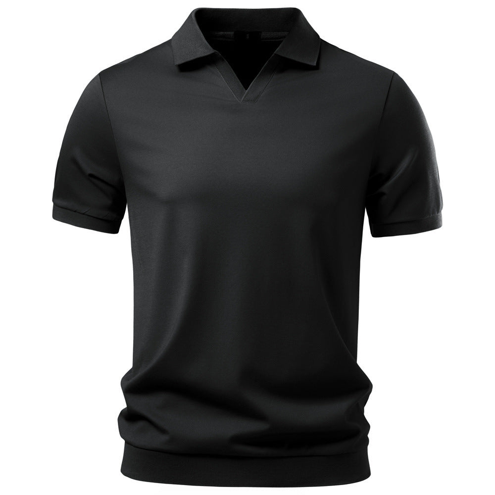 Men's fine-knit short-sleeve polo shirt with open V-neck and elastic hem Mune Fashion