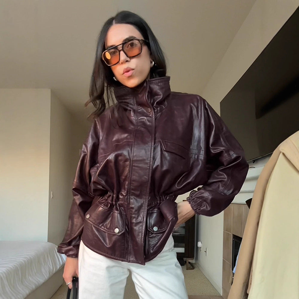 Women's Oversize Faux Leather Blouson with High Stand Collar and Waist Drawstring Mune Fashion