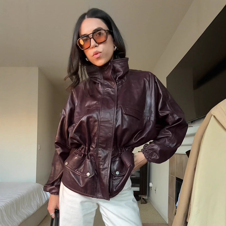 Women's Oversize Faux Leather Blouson with High Stand Collar and Waist Drawstring Mune Fashion