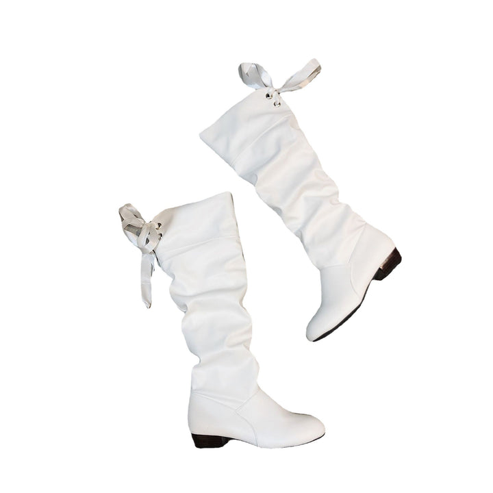 Women's knee-high shaft boots with gathered shaft, lace cord, and low block heel Mune Fashion