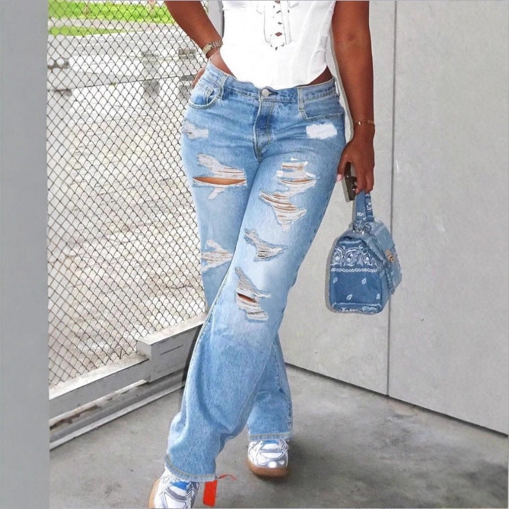 Women High-Waisted Relaxed-Fit Straight Jeans with pronounced Destroyed Details Mune Fashion