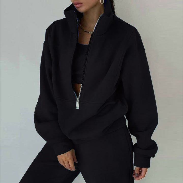 Ladies nan short half-zip sweatshirt and jogging pants set with stand-up collar, oversized cut and soft French terry Mune Fashion