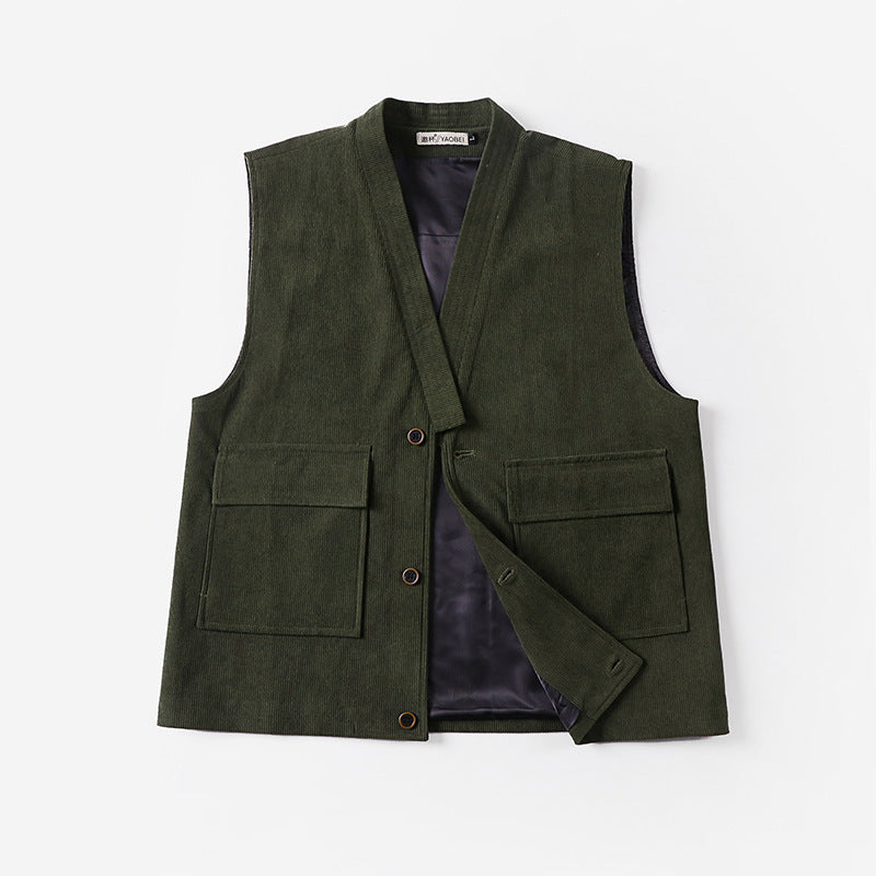Men's cord waistcoat with V-neck, appliquéd flap pockets, and satin lining Mune Fashion