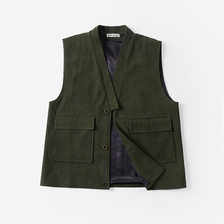 Men's cord waistcoat with V-neck, appliquéd flap pockets, and satin lining Mune Fashion