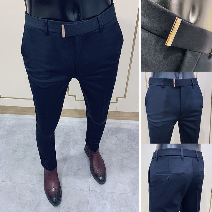 Men's slim elegant suit trousers with discreet gold buckle and crease Mune Fashion