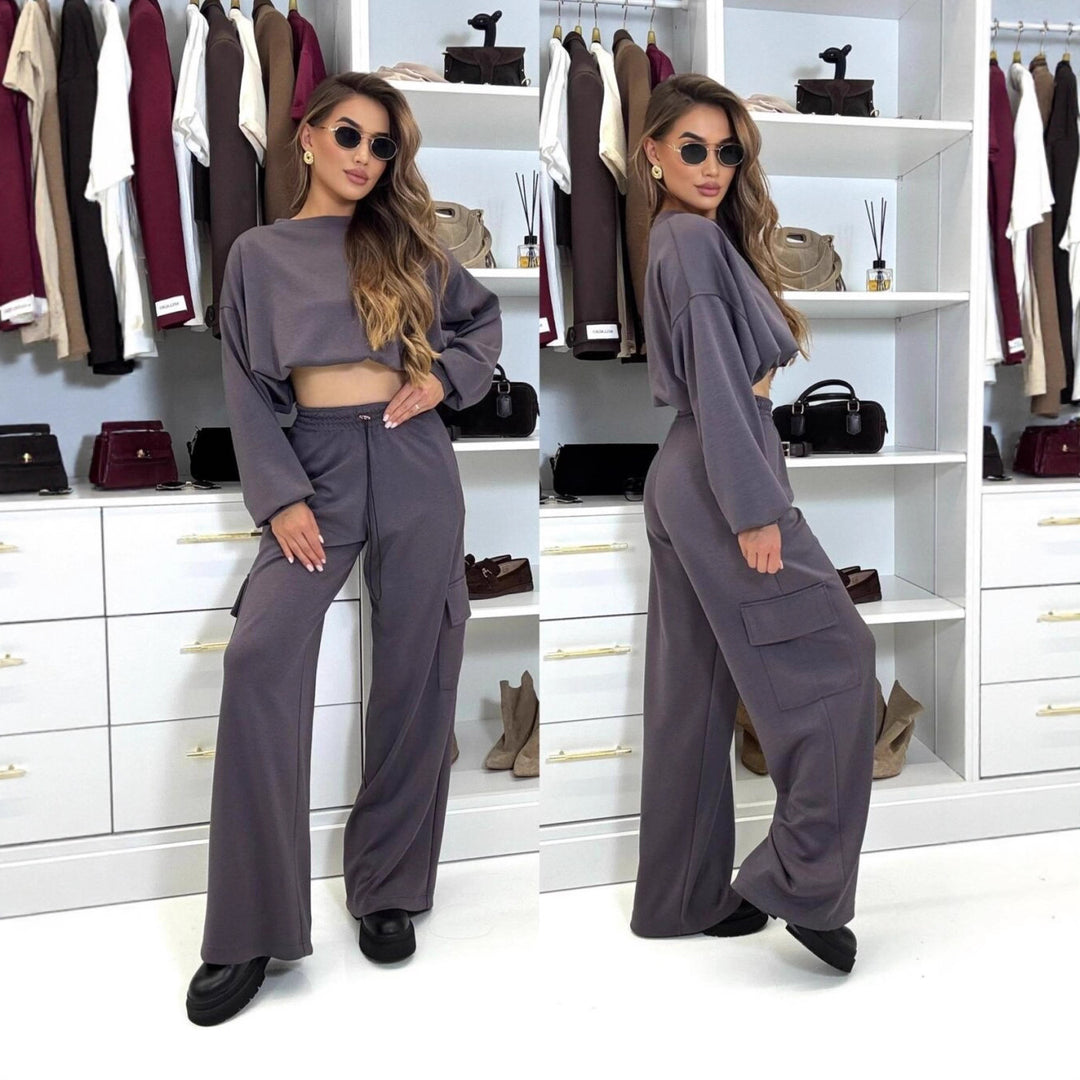 Women's short oversized sweatshirt with wide cargo pants lounge set Mune Fashion