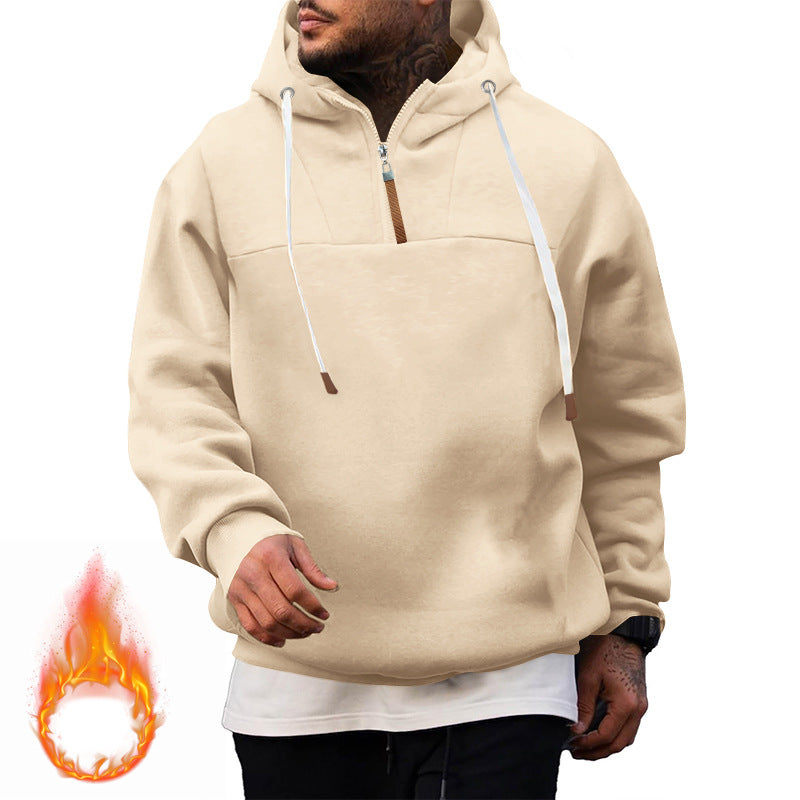 Men's Fleece Half-Zip Hoodie with Hood, Drawstring, and Elastic Cuffs Mune Fashion