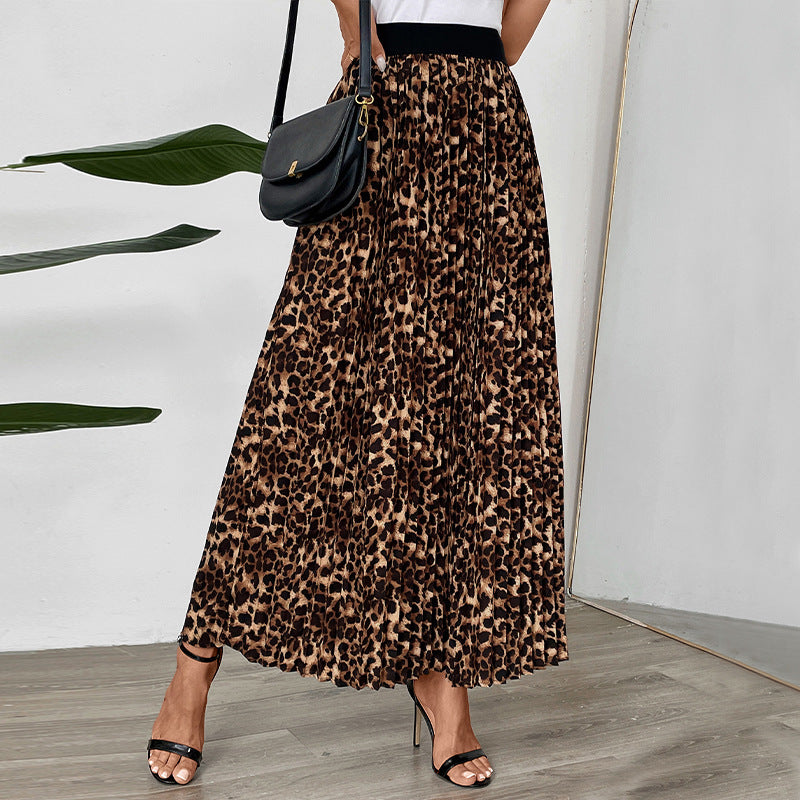 Women's Pleated Maxi Skirt with Leopard Print and Elastic Waistband Mune Fashion