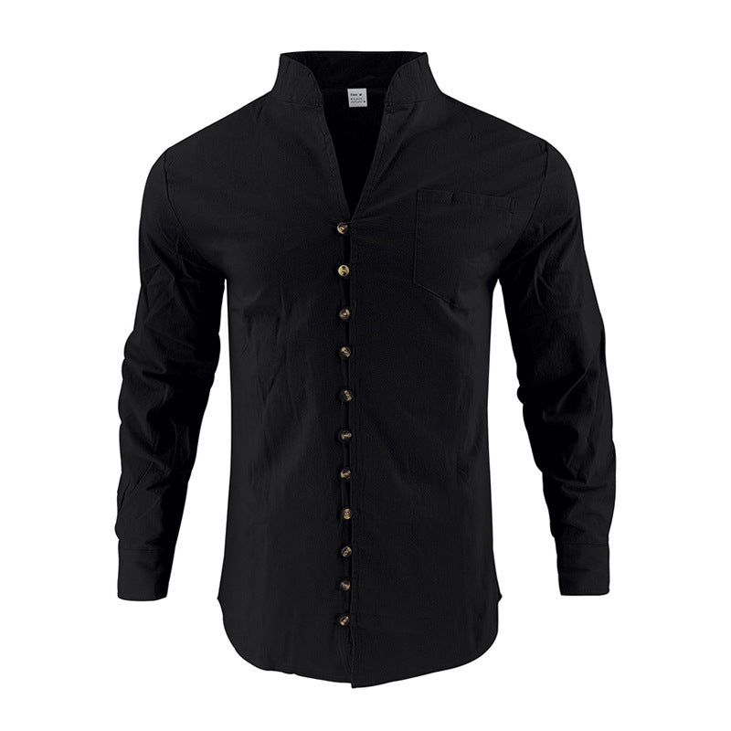Men's lightweight linen shirt with stand-up collar, full button placket, and patch chest pocket Mune Fashion