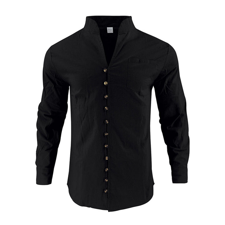 Men's lightweight linen shirt with stand-up collar, full button placket, and patch chest pocket Mune Fashion