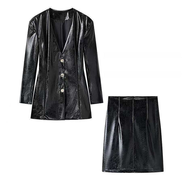 Ladies Long Patent Leather Blazer with Tailored Silhouette, Deep V-Neck and Decorative Buttons Mune Fashion