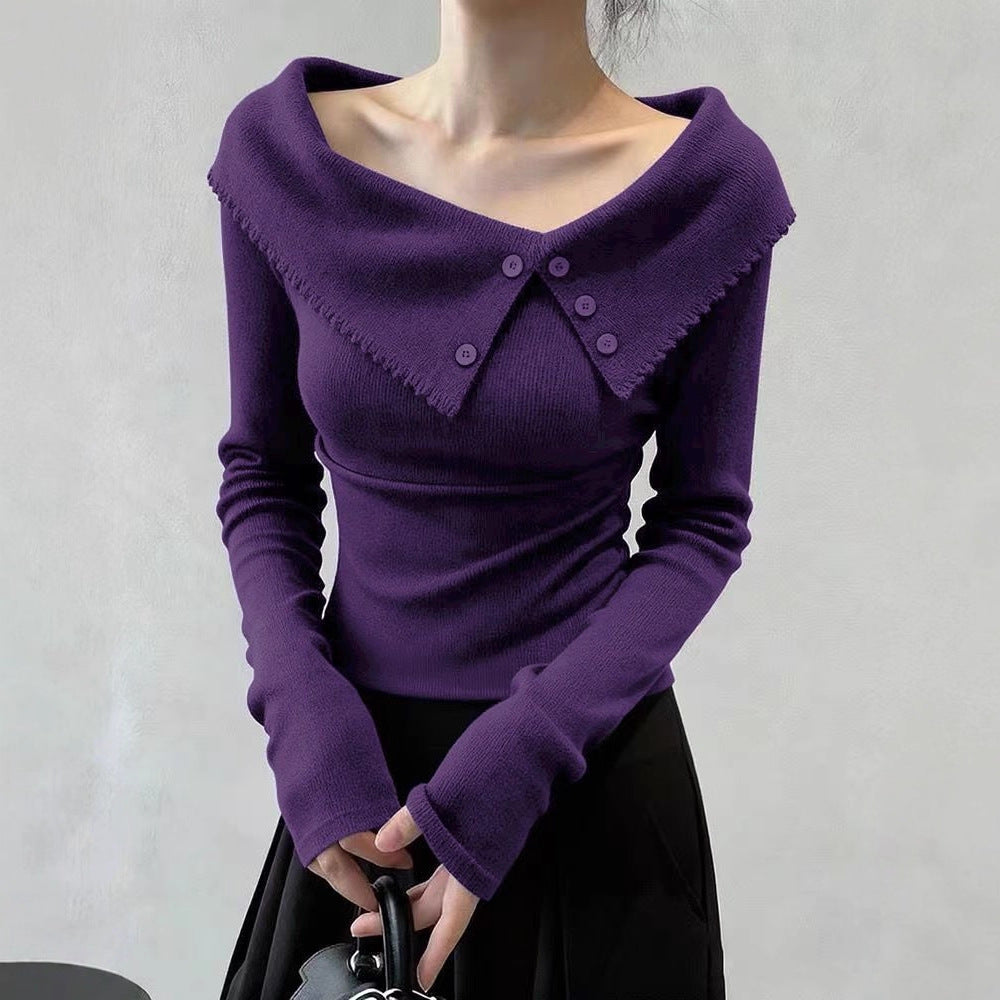 Ladies Elegant Sweater with Wide Collar and Button Details Mune Fashion