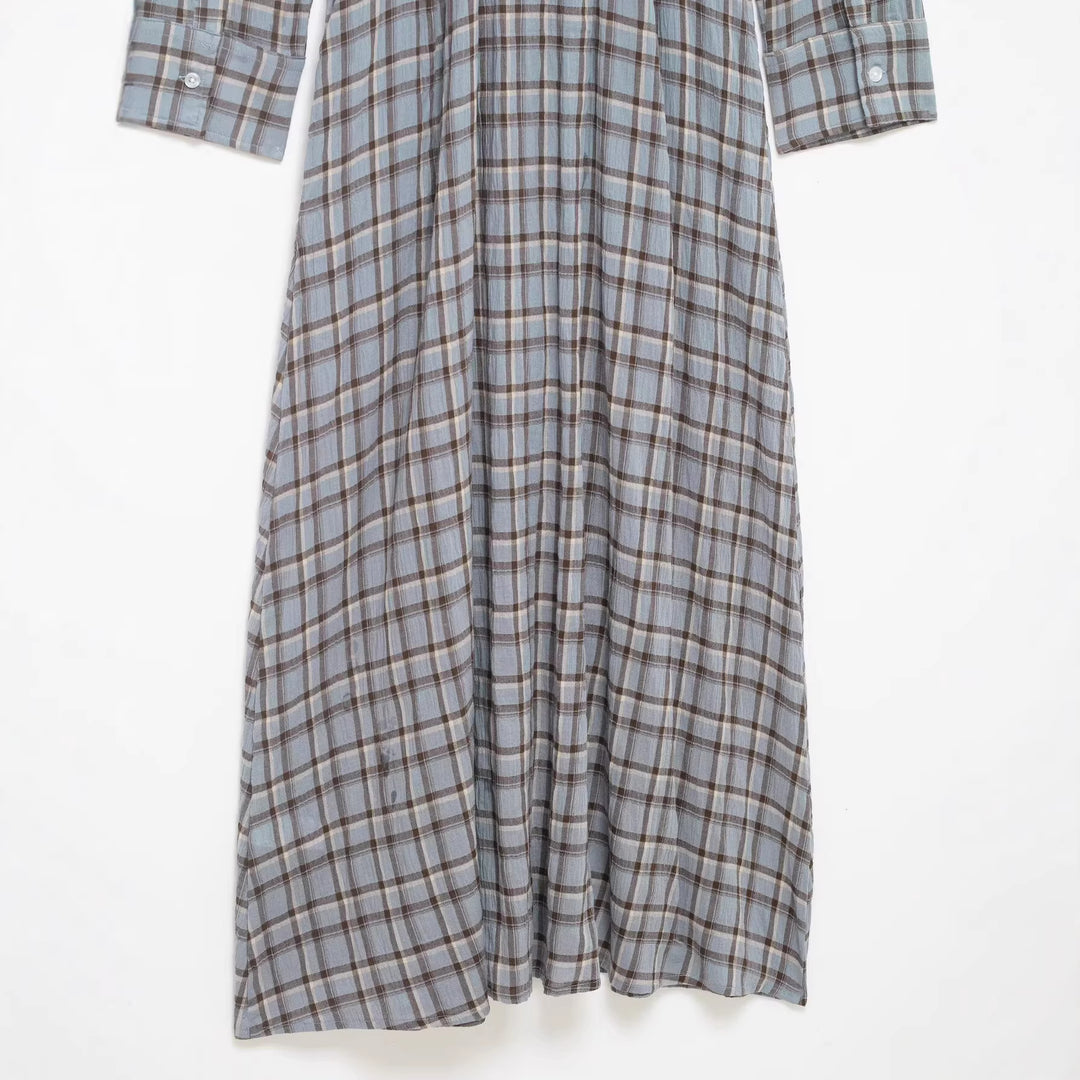 Women's Long Checked Shirt Dress with Full Button Placket and A-Line Silhouette Mune Fashion