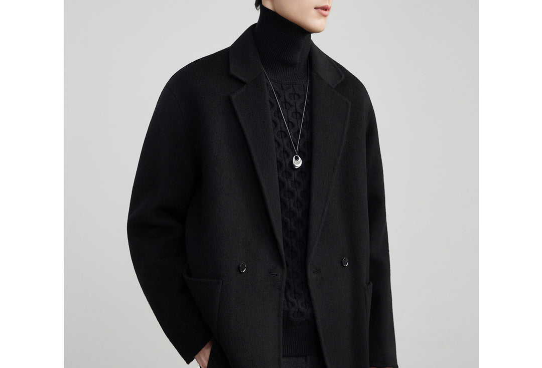 Men's Oversized Double-Breasted Wool Blend Short Coat with Patch Pockets Mune Fashion