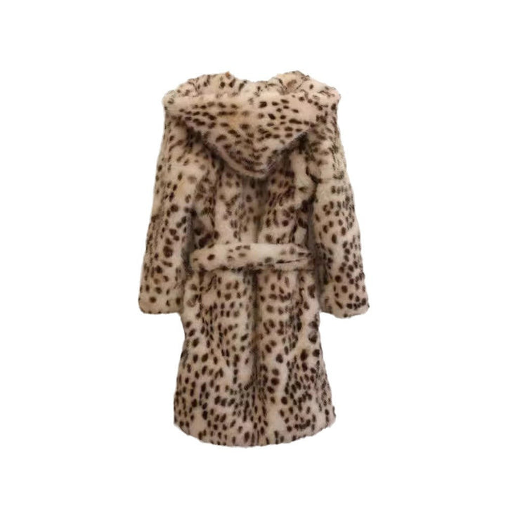 Women’S Fleece Bathrobe with Hood and Leopard Print Mune