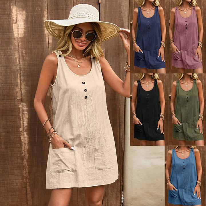 Women's Sleeveless Linen Look Shift Dress with Button Placket and Patch Pockets Mune Fashion