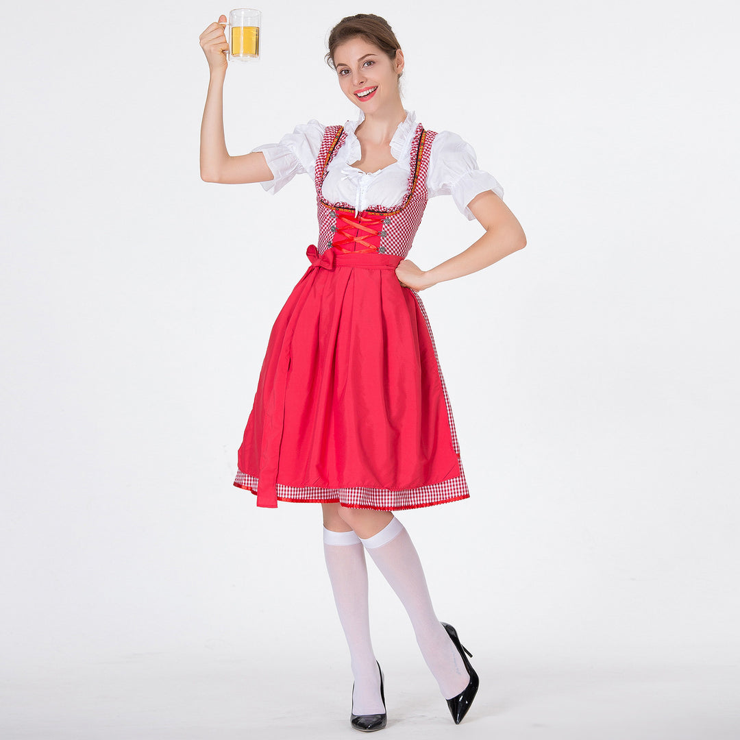 Women's checked dirndl dress with gathered apron and laced bodice front Mune Fashion