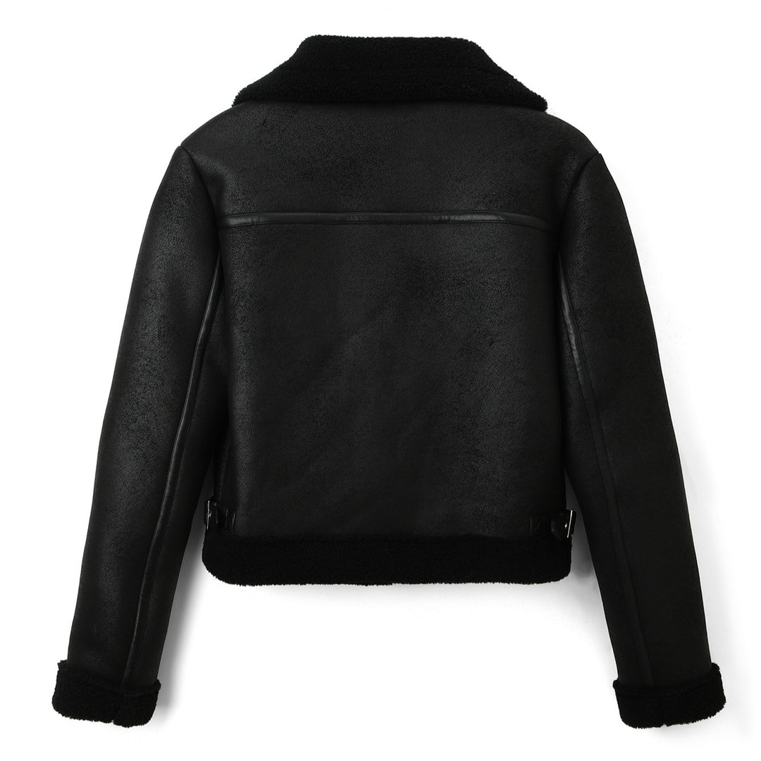 Women's cropped pilot jacket in lambskin look with asymmetric zipper Mune Fashion