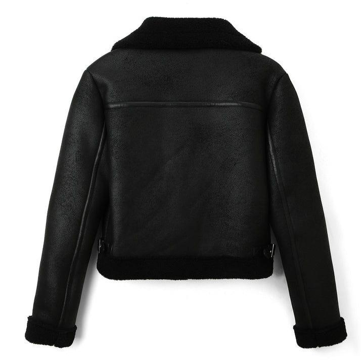 Women's cropped pilot jacket in lambskin look with asymmetric zipper Mune Fashion