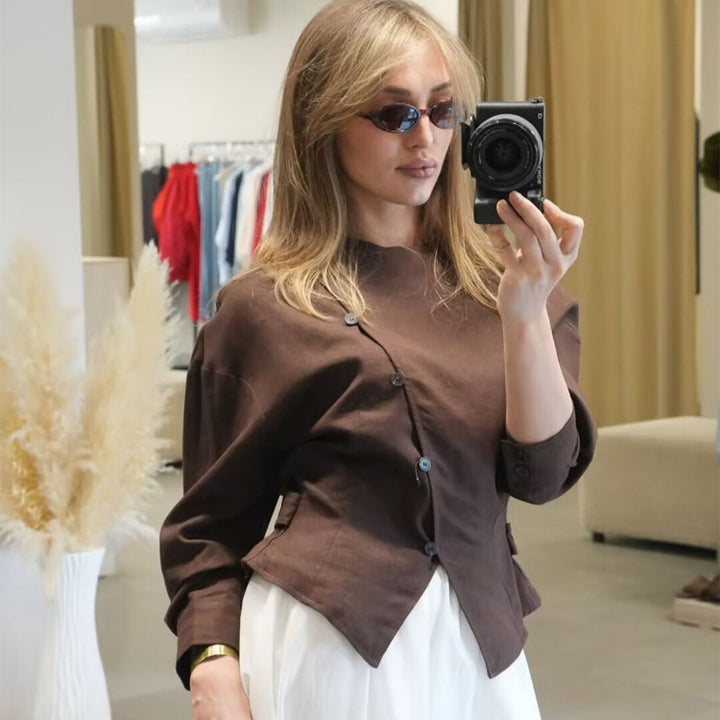 Women’s asymmetrical tailored blouse jacket made of linen with diagonal button closure Mune Fashion
