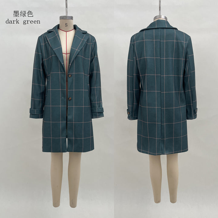 Women's checked wool blend coat with lapel collar, patch pockets, and tailored silhouette Mune Fashion