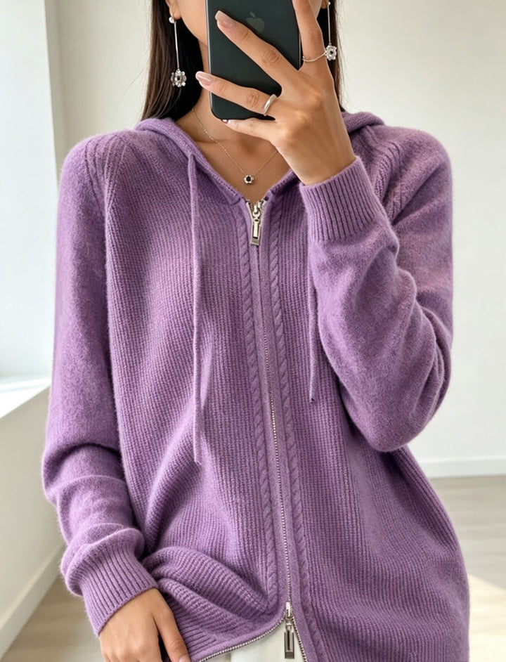 Women's hooded cardigan with zipper, fine knit and ribbed cuffs Mune Fashion