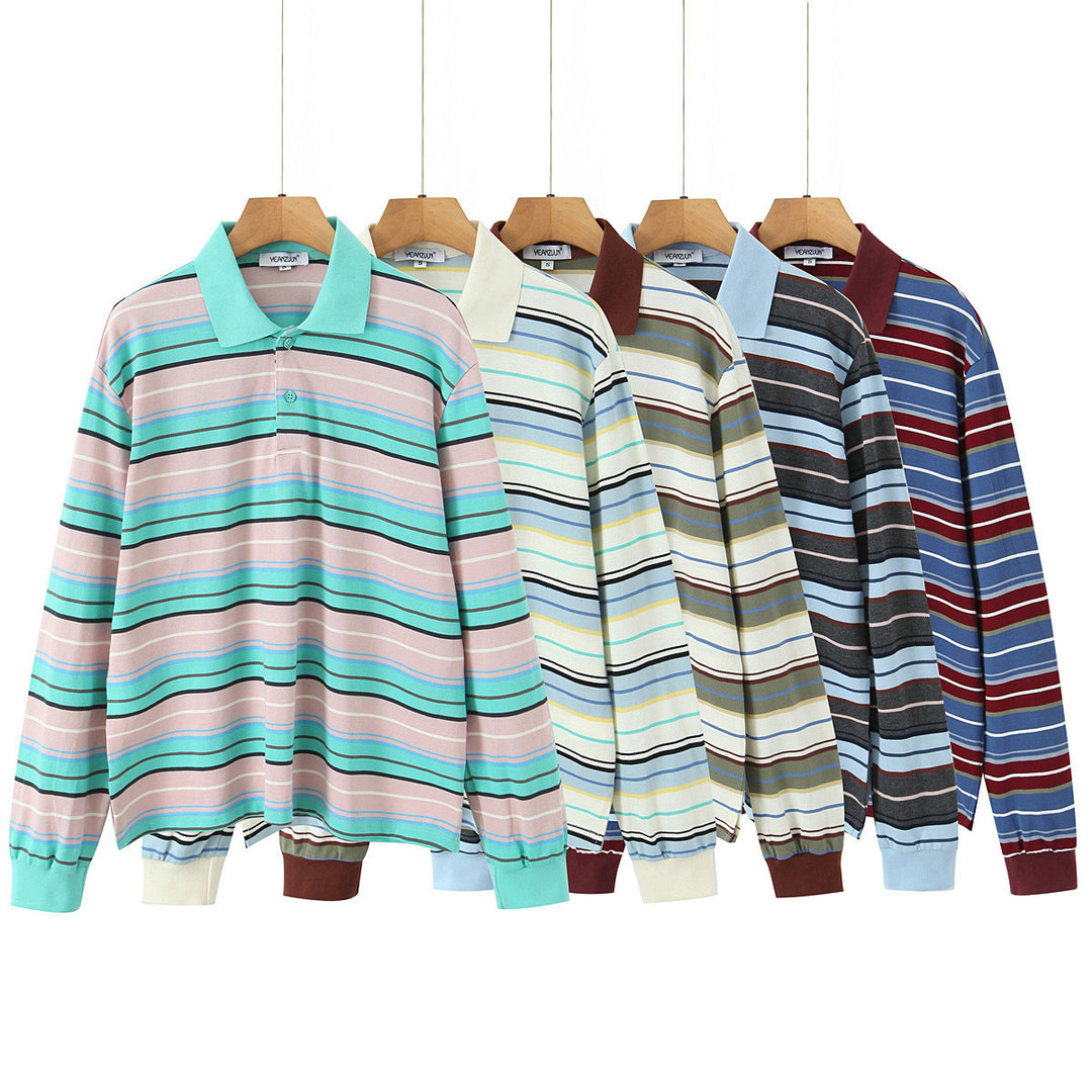 Men's Long-Sleeve Polo Shirt in Retro Stripe Pattern with Ribbed Cuffs and Button Placket Mune Fashion