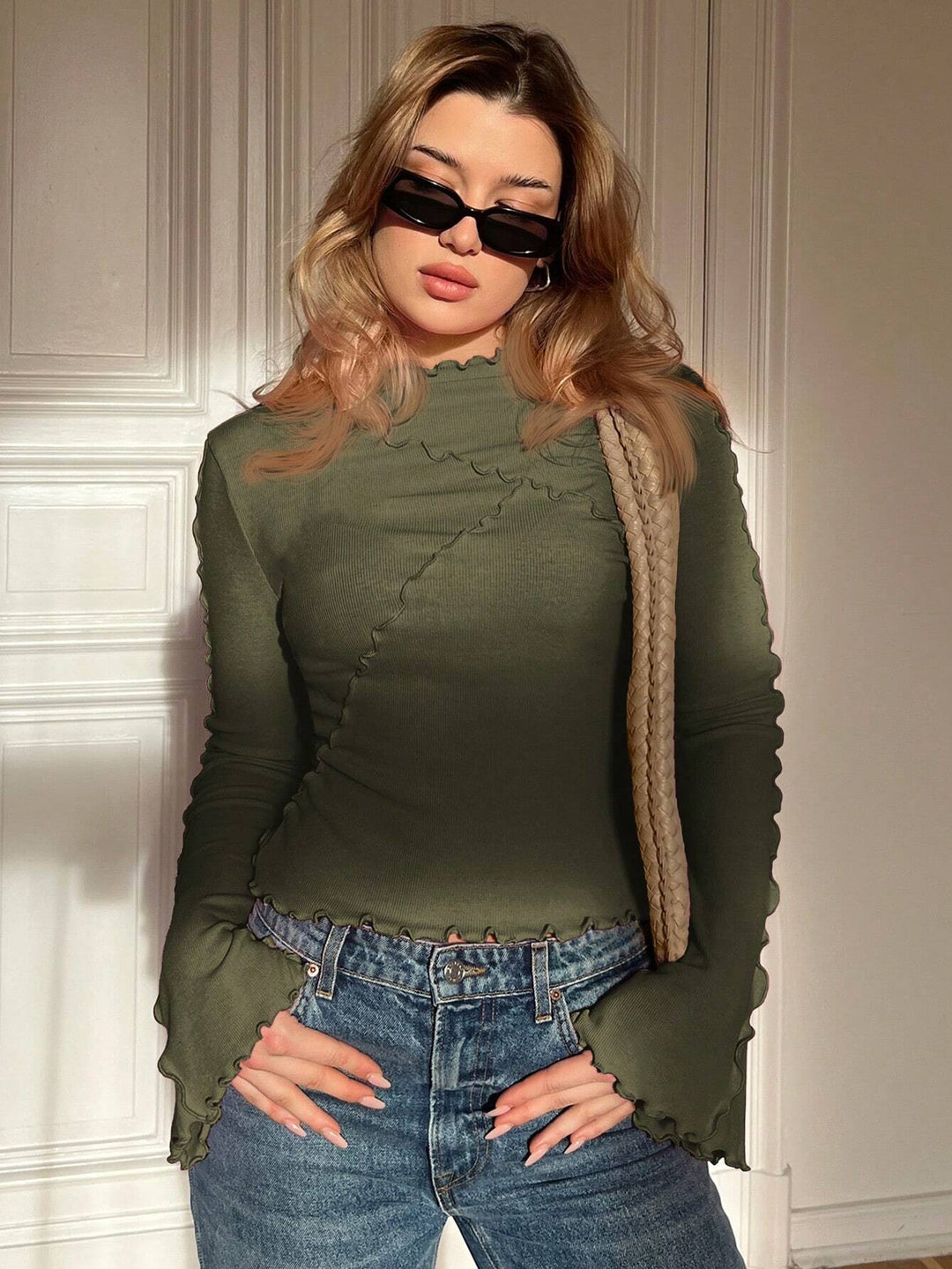 Women's Ribbed Long Sleeve Top with Ruffle Hem and Stand-Up Collar Mune Fashion
