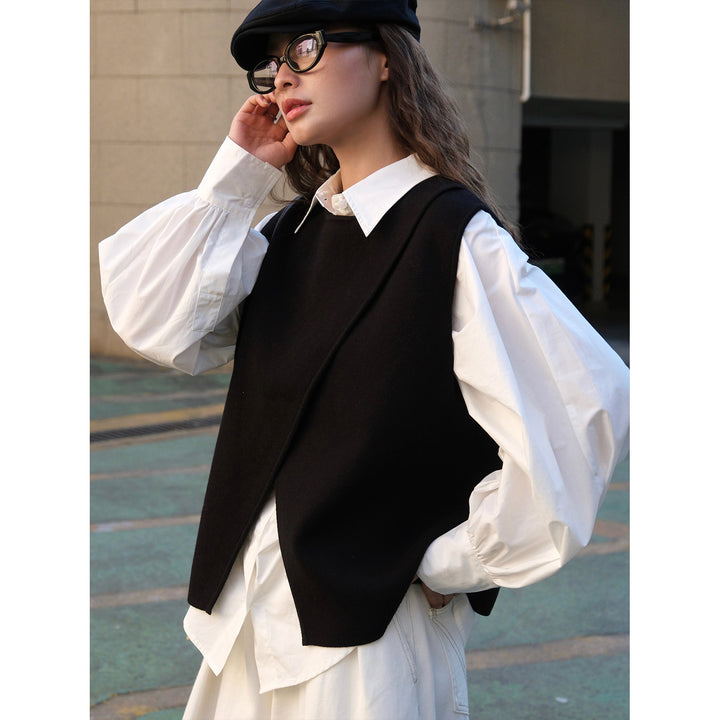 Women's Asymmetrical Knit Vest with Draped Front and Round Neck