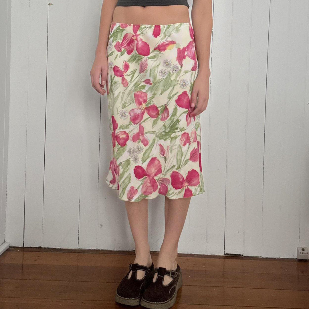 Women's flared midi skirt with floral watercolor print and high waist Mune Fashion