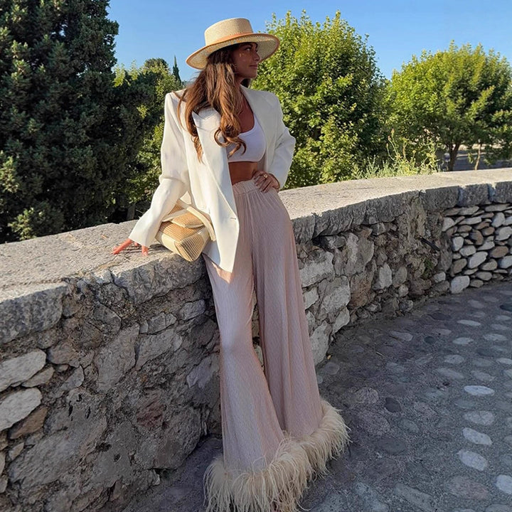 Women's Pleated Palazzo Pants with Wide Leg & Feather Trim Mune Fashion