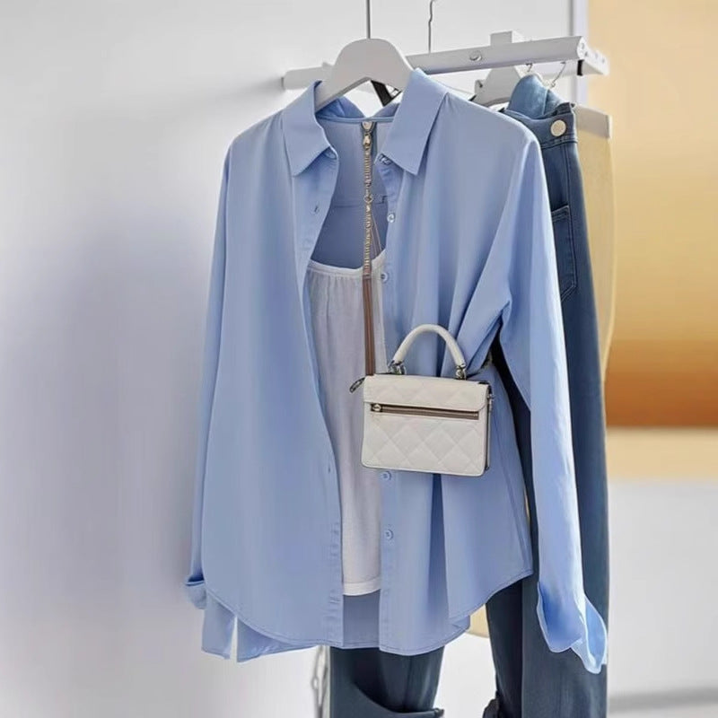 Women's light loose-fitting shirt blouse made of cotton blend with classic collar Mune Fashion