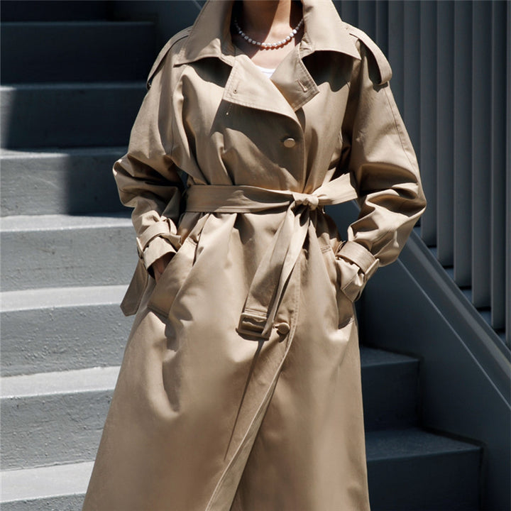 Women's Oversized Trench Coat with Wide Back Hem, Ties Belt and Storm Detail Mune Fashion