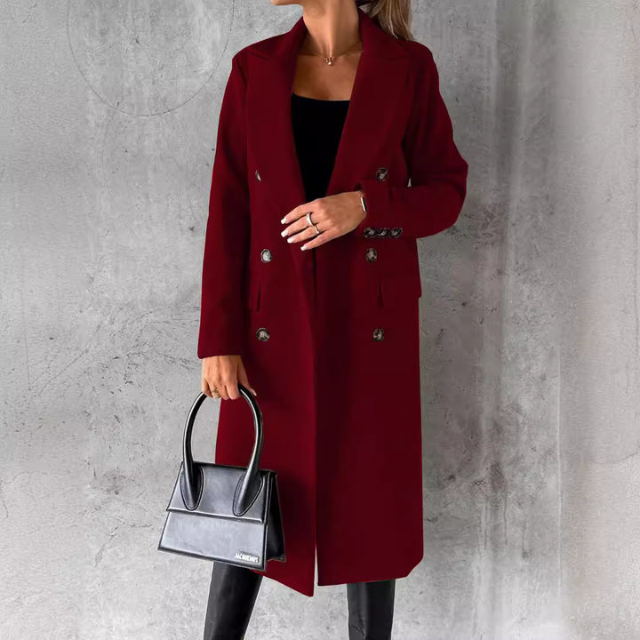 Women's Double-Breasted Midi-Length Wool Coat with Notch Lapel and Tailored Silhouette Mune Fashion