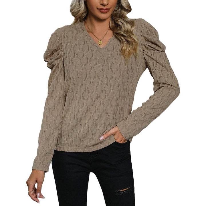 Women's fine knit sweater with V-neck and gathered balloon sleeves Mune Fashion