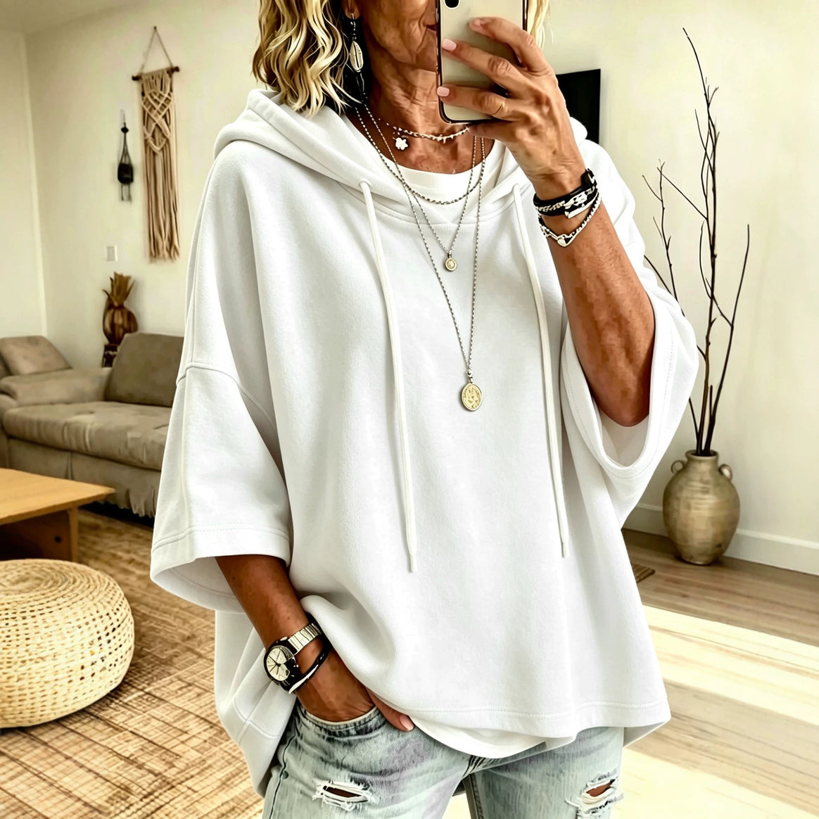 Women's Short Sleeve Oversized Hoodie with Hood and Contrast Drawstring Mune Fashion