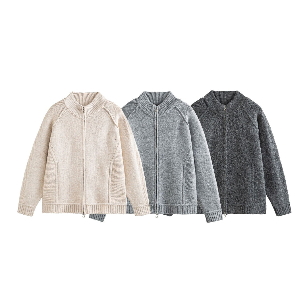 Unisex Knit Zip Jacket in Boxy Cut with High Ribbed Collar and Raglan Sleeves Mune Fashion