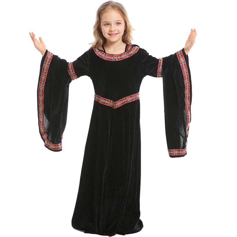 Ladies Elegant Sorceress Costume with Flared Sleeves and Playful Hooded Collar Mune Fashion