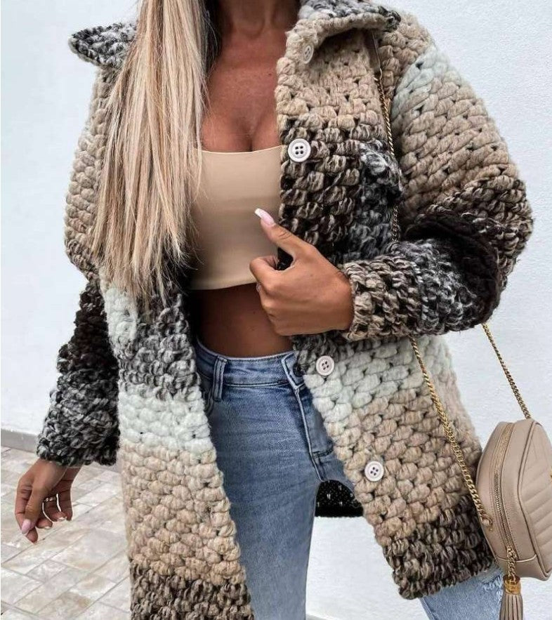 Women Crocheted Oversized Cardigan with Gradient, Button Placket and Patch Pockets Mune Fashion