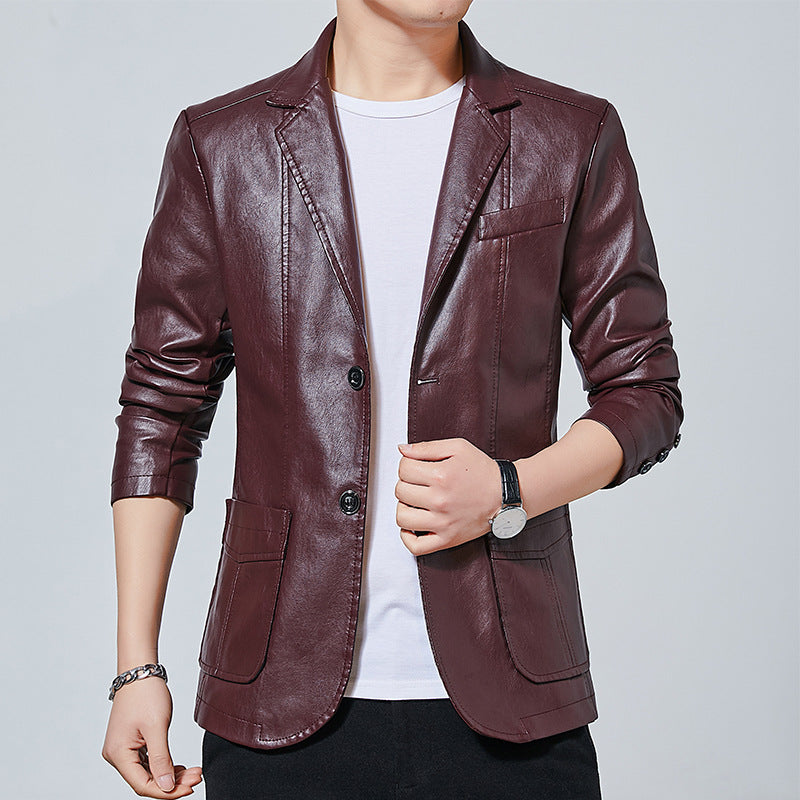 Men's Faux Leather Blouson Style Jacket with Shirt Collar and Patch Pockets Mune Fashion