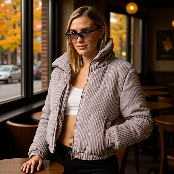 Women's Padded Cord Quilted Jacket with Stand-Up Collar and Elastic Hem Mune Fashion