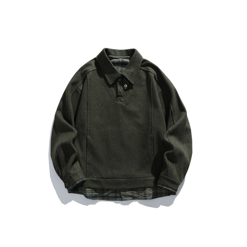 Men's Long-Sleeved Polo Sweatshirt with Kent Collar, Button Placket and Integrated Check Layer Mune Fashion