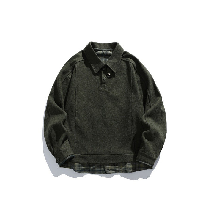 Men's Long-Sleeved Polo Sweatshirt with Kent Collar, Button Placket and Integrated Check Layer Mune Fashion