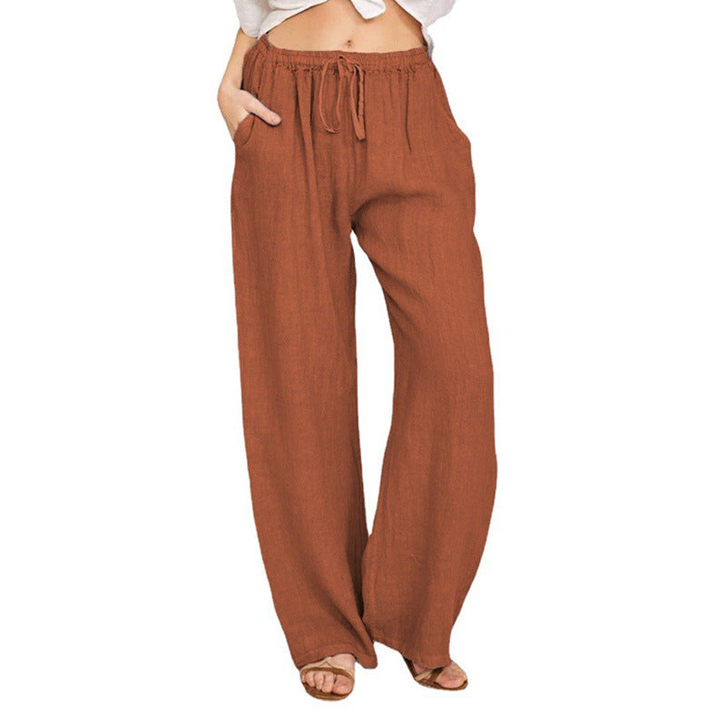 Women's Wide Linen Look Pants with Elastic Waistband, Drawstring and Side Pockets Mune Fashion